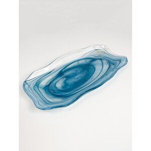 Vintage Akcam art glass plate with blue swirls - made in Turkey